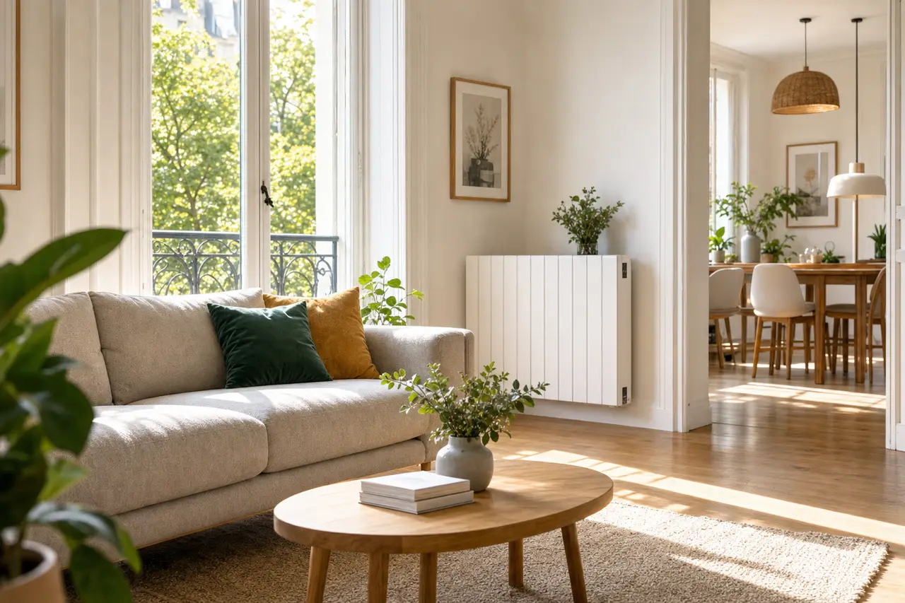Séjour rénové à Saint-Ouen chauffé par un radiateur électrique à inertie sous la fenêtre